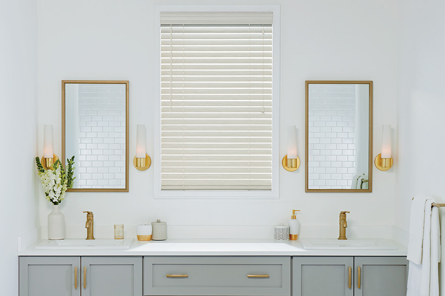 Beautiful and timeless white Polywood blinds are the perfect touch for your bathroom.
White Polywood blinds in a modern styled bathroom