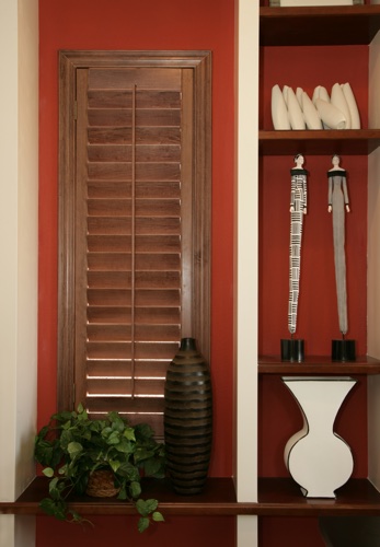 You can even coordinate your wood shutters with shelving. Charlotte wood shutter shelving
